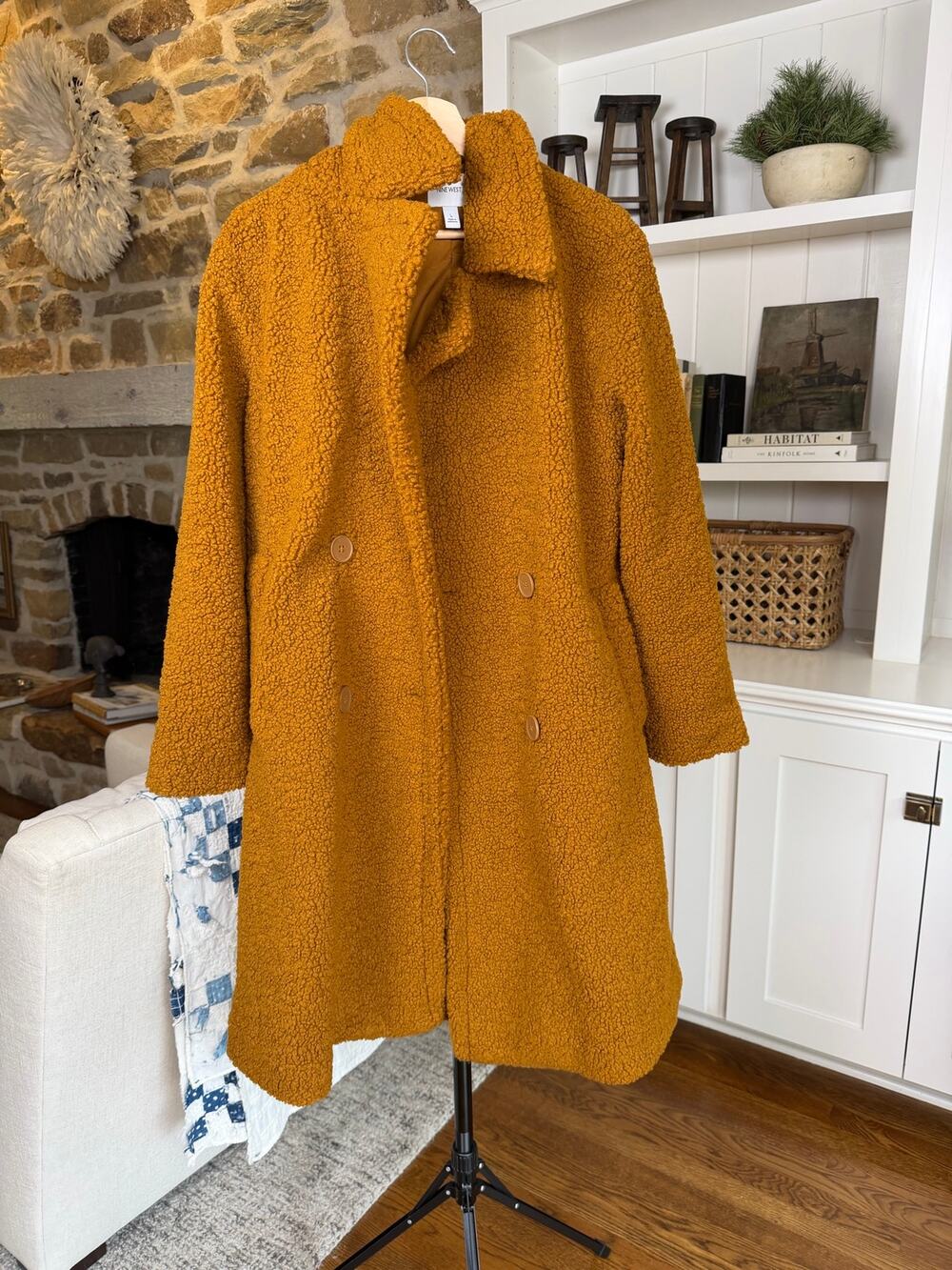 🧸🍯 Nine West Double Breasted Teddy Coat | Size L | Mustard